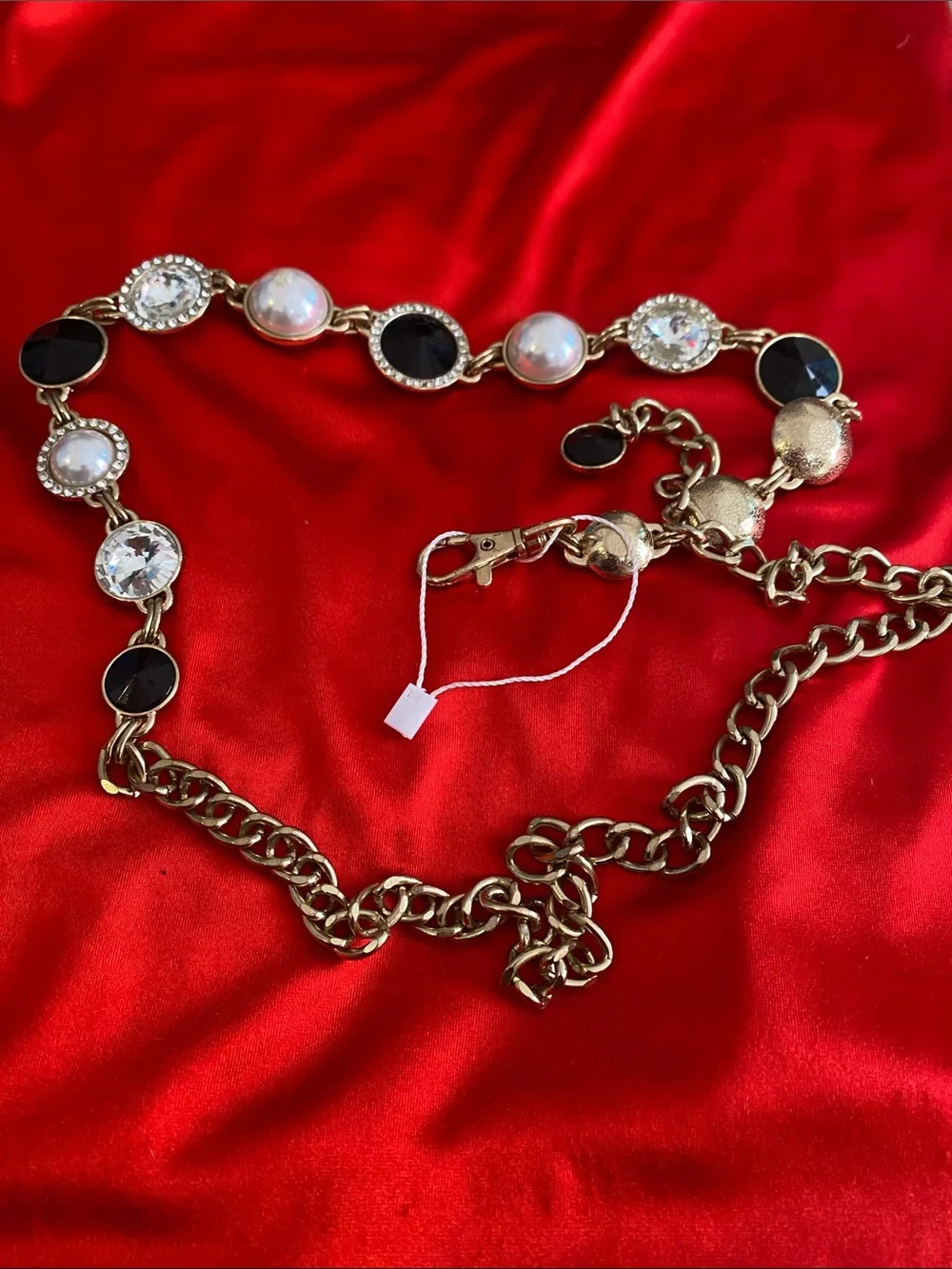 Gold-Tone Statement Belt with Black, Pearl and Clear Accents